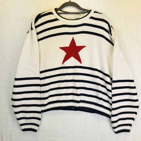 Liz Claiborne Sweaters - VTG Liz Claiborne XL Sweater Sport Pullover Y2K Nautical Star White Blue Knit